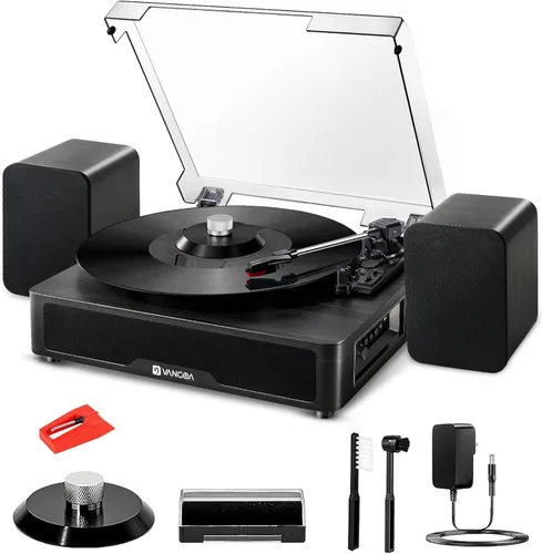 VANGOA Tocadiscos de vinilo, tocadiscos de 3 velocidades con receptor Bluetooth, altavoces estéreo integrados, color negro