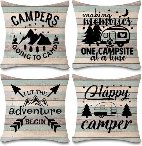 Miniatura 3 de Happy Camper - Juego de 4 fundas de almohada de 16 x 16 pulgadas, con texto en inglés "Welcome to Our Camper", diseño vintage de madera rústica