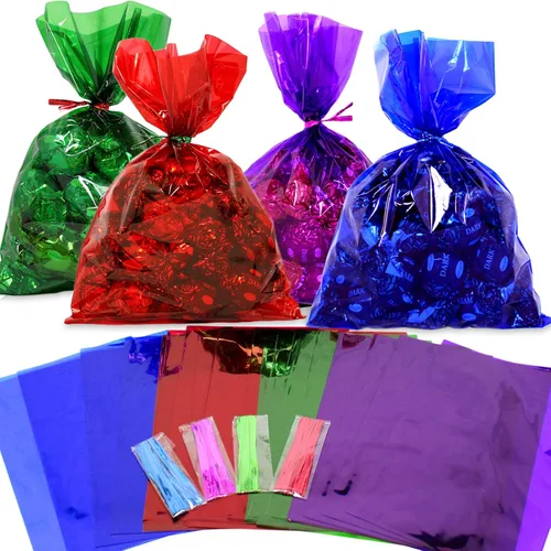 AnapoliZ Bolsas de celofán 100 piezas de colores surtidos (6 x 9 pulgadas) | Bolsas de celofán coloridas con lazos torcidos | Bolsas de celofán de