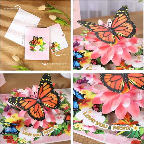Miniatura 8 de Día de la Madre desplegable para mamá, mariposas te aman mamá, mariposa monarca 3D, hermosas flores, tarjeta de cumpleaños para madre, regalo ideal