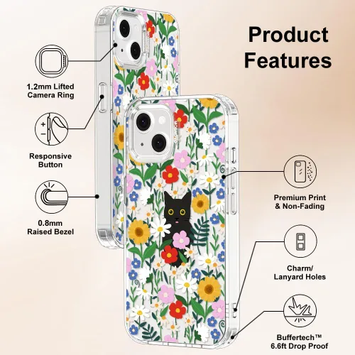 Miniatura 7 de MOSNOVO Funda para iPhone 13/14, grado militar, probada en caídas de 6.6 pies, transparente con gato negro en diseño de jardín Transparente - Gato