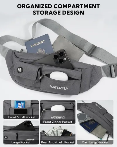 Miniatura 4 de WATERFLY Cangurera cruzada pequeña: 5 bolsillos delgado ligero cinturón cadera bolsa para mujeres hombres bolsa de pecho resistente al agua para Gris