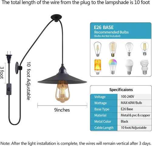 Miniatura 2 de Lámpara colgante con cable enchufable, lámparas de exterior para patio, luz colgante impermeable con enchufe, lámparas al aire libre para patio, luz