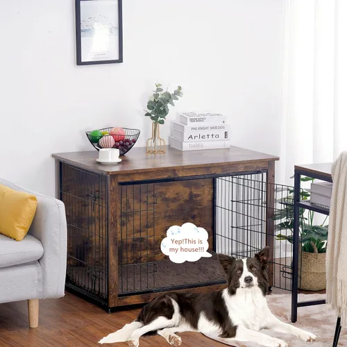 Miniatura 2 de DWANTON Mueble de jaula para perros con cojín, mesa de madera para perreras con puertas dobles, casa para perros de interior, tamaño grande, 38.5