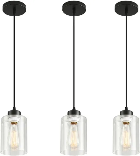 Lámpara Colgante Fijo, Paquete de 3 Lámparas de Techo con Pantalla de Vidrio Transparente, Ajustable, para Cocina y Comedor, Negro, 30 x 15 x 22 cm