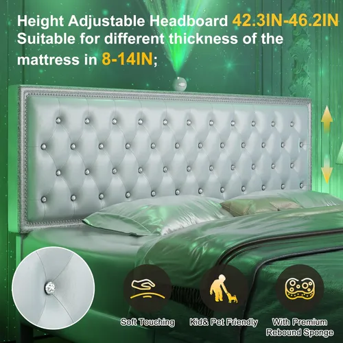 Miniatura 4 de Base de cama de plataforma tapizada tamaño Queen con cabecera LED, proyector de estrellas integrado y cabecera ajustable, no necesita somier, fácil