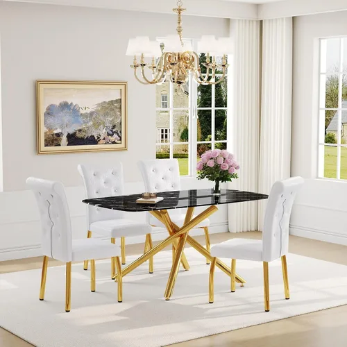 Miniatura 52 de Juego de mesa de comedor moderna para mesa de comedor negra de 4,63 pulgadas, juego de 4 con patas de metal dorado, mesa de cocina rectangular