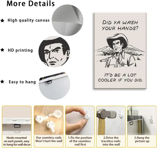 Miniatura 8 de Cuadros enmarcados de vaquero retro en blanco y negro para la pared de la cocina ¿Lavaste tus manos? Impresiones en lienzo, imágenes divertidas