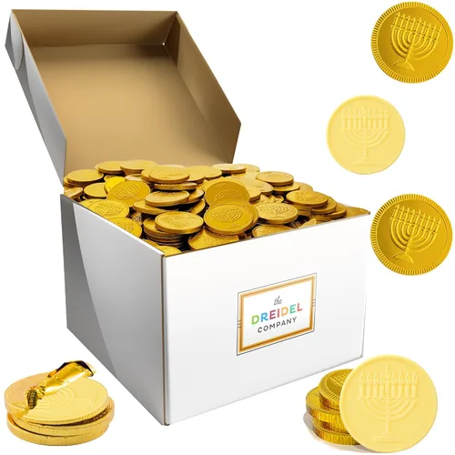 Miniatura 3 de The Dreidel Company Monedas de chocolate con leche blanca, paquete de 200 monedas de papel de aluminio dorado con diseño de Hanukkah Gelt, Menorá