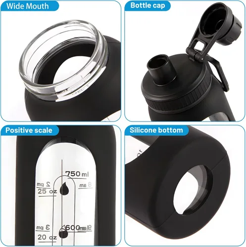 Miniatura 4 de Botella agitadora de vidrio de 34 oz/1 L, botella mezcladora de proteínas de vidrio negro con bola agitadora, botellas grandes para mezclas