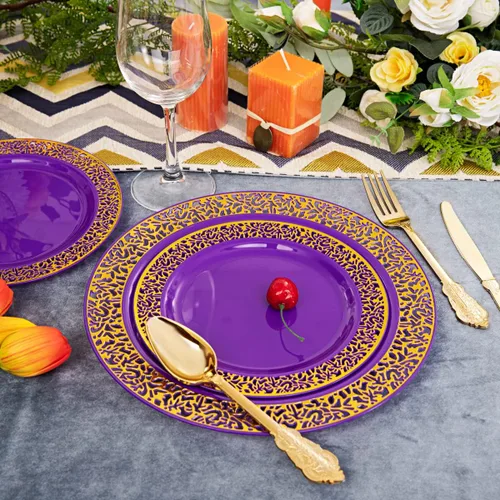 Miniatura 3 de U-QE 150 platos de plástico dorado morado con cubiertos dorados, platos de plástico dorados para fiestas y bodas, incluyen 30 platos llanos de 10.25