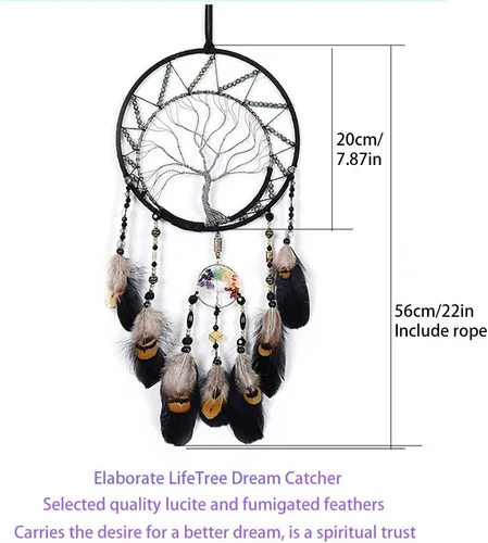 Miniatura 2 de Árbol de la vida negro de 7 chakras, decoración de pared con piedra de cristal curativo arco iris, hecho a mano, plumas, atrapasueños, adorno