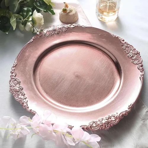 Miniatura 2 de Efavormart - Paquete de 6 platos barrocos redondos de oro rosa de 13 pulgadas, borde en relieve de hojas, perfecto para decoración de catering