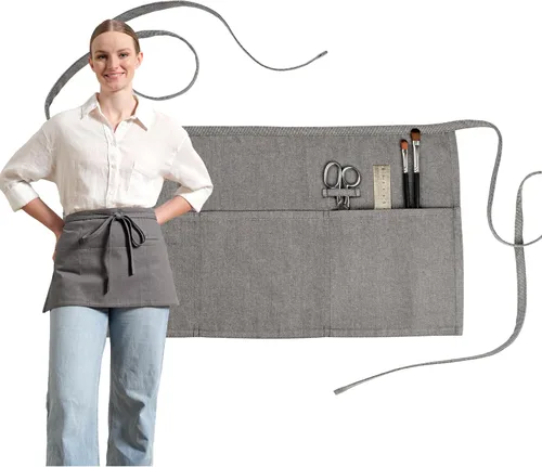 Miniatura 13 de MEEMA Delantal de cintura de chef de tela de algodón, lavable y transpirable, medio delantal para mujer con bolsillos y correas largas