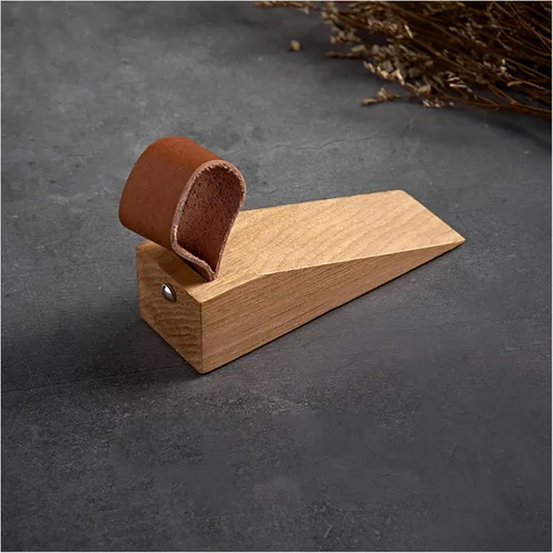 Miniatura 10 de Paquete de 2 topes grandes de madera para puerta, antideslizantes, de seguridad, con correa de cuero para colgar tope de puerta, en casa