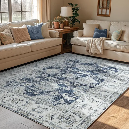 Miniatura 211 de Jinchan Fiora - Alfombra redonda de 8 pies, alfombras vintage con diseño floral envejecido, lavable a máquina, antideslizante, de pelo bajo, Azul