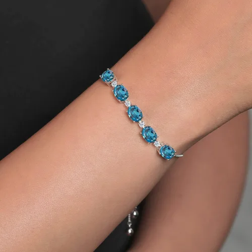 Miniatura 5 de Gem Stone King Pulsera de tenis de plata de ley 925 con topacio azul Londres y topacio blanco para mujer