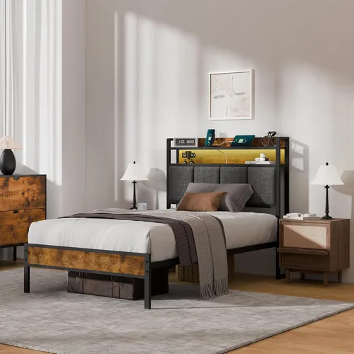 Miniatura 11 de Z-hom Cama de plataforma de metal resistente de fácil montaje, marco de cama tamaño Queen con cabecero y estribo, soporte antideslizante y Marrón