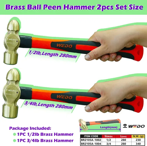 Miniatura 2 de WEDO Juego de 2 martillos de bola de pein de latón, 8 oz+12 oz (1/2 lb+3/4 lb), juego de martillos de bola de pein de latón con mango de fibra