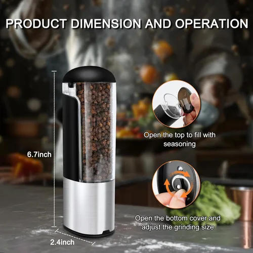 Miniatura 2 de Juego de molinillo eléctrico de sal y pimienta recargable para USB, molinillo de pimienta por gravedad ajustable automático, molinillo de especias