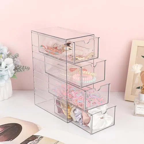 Miniatura 6 de Hipiwe Organizador de Cajones de Plástico Transparente Organizador de Accesorios para el Cabello Caja con 4 Cajones Extraíbles Caja