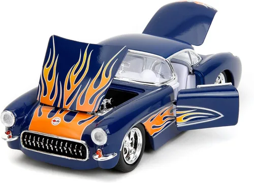 Miniatura 5 de Jada Big Time Muscle 1:24 1957 Chevrolet Corvette - Auto fundido a presión, juguetes para niños y adultos (azul oscuro/llamas)
