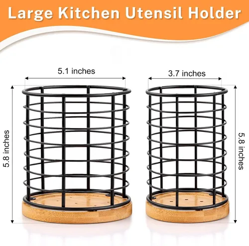 Miniatura 2 de hunnycook 2 Soportes para Utensilios, 5.1*5.1*5.8 y 3.7*3.7*5.8 pulgadas Soportes para Utensilios de Cocina, Recipientes Negros de Metal con Base