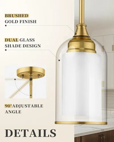 Miniatura 2 de LIROUVET Luces Colgantes Doradas para Isla de Cocina - Lámpara Colgante de Cristal Doble, Luz Colgante de 1 Luz con Cristal Transparente y Lechoso