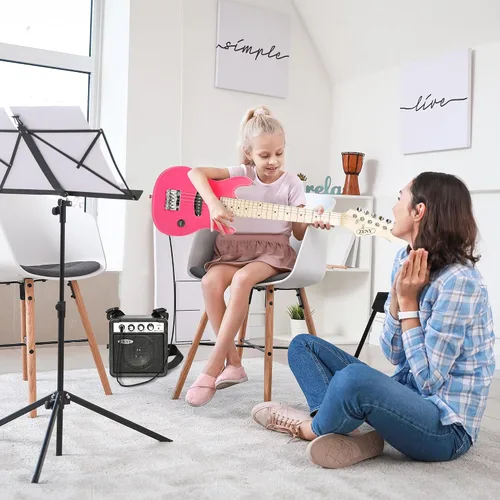 Miniatura 9 de ZENY Guitarra eléctrica para niños de 30 pulgadas con amplificador de 5 W, bolsa de concierto, correa, cable, cuerdas y púas, kit de accesorios Rosa