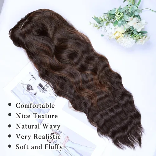 Miniatura 3 de NAYOO Pelucas marrones con flequillo para mujer, pelucas de cabello largo y ondulado, resistentes al calor, pelucas de fibra sintética para uso