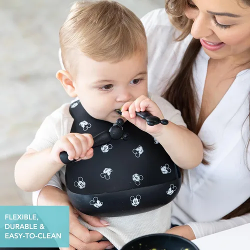 Miniatura 5 de Bumkins Baberos de Disney, bolsillo de silicona para bebés, babero para niña o niño, para niños de 6 a 24 meses, imprescindible para comer, Mickey