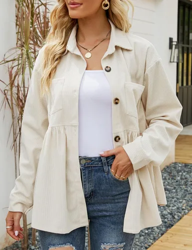 Miniatura 4 de Flygo Camisas de pana peplum para mujer, con botones, de gran tamaño, babydoll