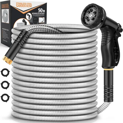 Miniatura 10 de Manguera de Jardín de Metal de 25 Pies, Manguera de Agua Resistente de Acero Inoxidable con Boquilla de 10 Funciones, Sin Torceduras, Resistente
