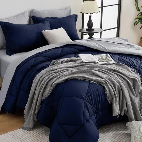 Miniatura 34 de HEVUMYI - Juego de edredón King de 7 piezas para todas las estaciones, cama en una bolsa, ultra suave, juego de cama con edredón, sábana plana, Azul
