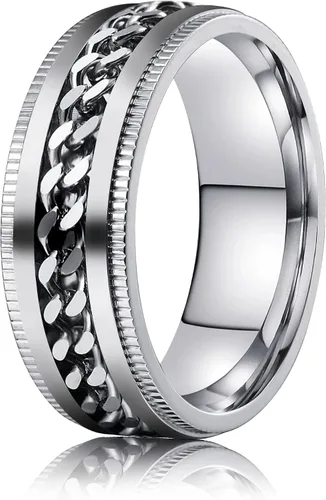 Miniatura 40 de LAOYOU Anillo giratorio para hombre para alivio de la ansiedad 0.315 in de acero inoxidable negro anillo de ansiedad con incrustaciones de cadena
