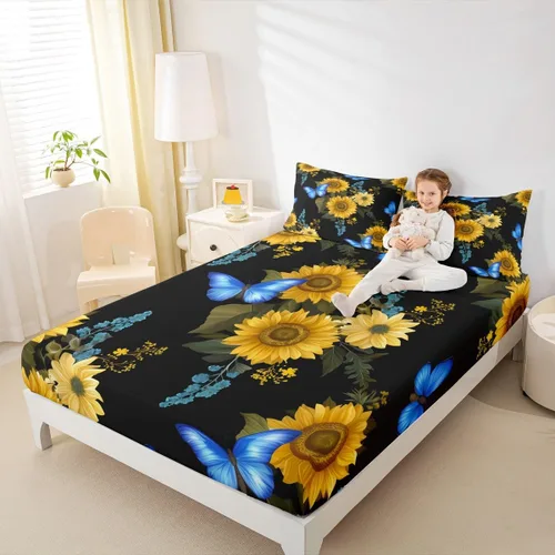 Miniatura 2 de Erosebridal Sábanas de girasol tamaño individual, sábana bajera ajustable de mariposa azul para niñas y mujeres, juego de ropa de cama floral