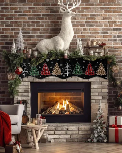 Miniatura 2 de Bufanda de manto de 90 x 17 pulgadas, diseño de rejilla de búfalo negro de Navidad, árbol de Navidad, chimenea, mantel, cubierta de mantel