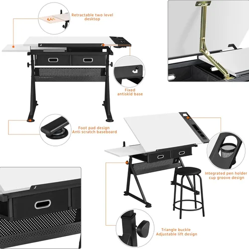 Miniatura 4 de Yaheetech Mesa de dibujo para artistas, escritorio de dibujo de altura ajustable, escritorio de arte/manualidades, estación de trabajo de pinturas