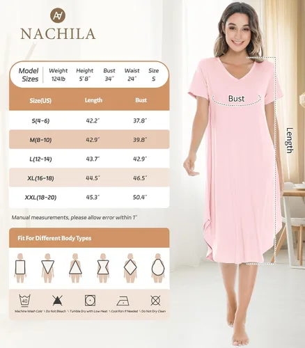 Miniatura 5 de NACHILA Camisones para mujer, viscosa hecha de bambú, cuello en V, manga corta, ropa de dormir fresca