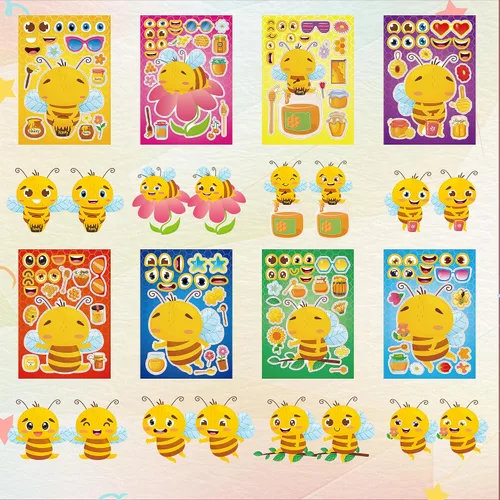 Miniatura 3 de 24 hojas de calcomanías de abeja para hacer una cara, lindos juegos de fiesta de animales, calcomanías para mezclar y combinar, haz tus propias vaca