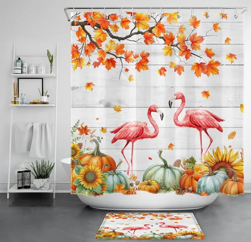 Miniatura 39 de HVEST Cortina de ducha con ganchos, calabaza espeluznante y fantasma con sombrero de bruja negro, juego de cortina de ducha naranja con flores