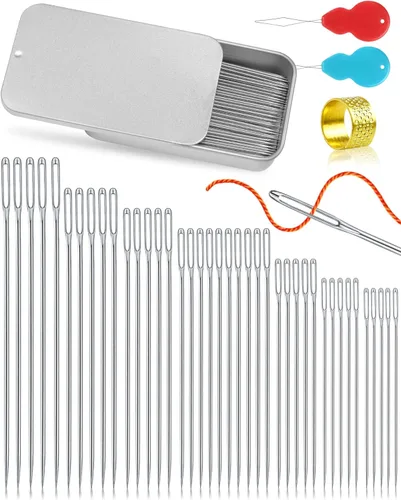FIVEIZERO 80/40 PCS agujas de coser de acero inoxidable premium, 7 tamaños de agujas afiladas de costura de ojo grande, aguja de cuero aguja de hilo