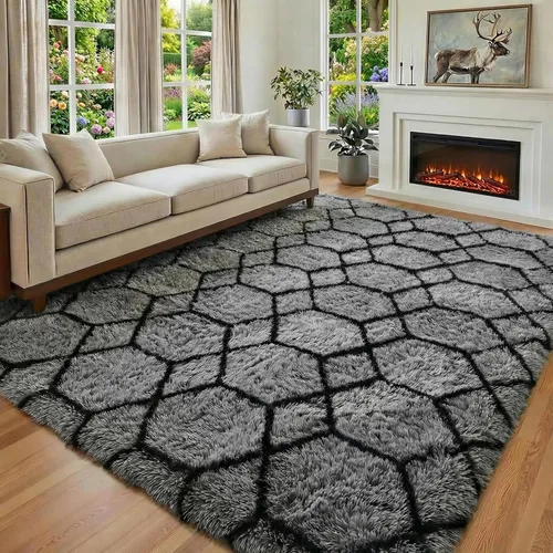Miniatura 5 de ONASAR - Alfombras de 6 x 9 pies para sala de estar y dormitorio, alfombra grande lavable, esponjosa, gris y negra, alfombra de pelo largo suave
