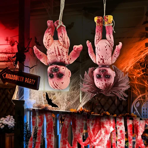 Miniatura 6 de 2 muñecas espeluznantes de Halloween, de 10 pulgadas, muñeca de zombi colgante aterradora con cuerda, decoración de terror de terror de Halloween