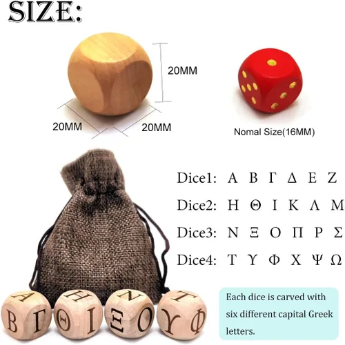 Miniatura 3 de Juego de dados de madera del alfabeto griego, 24 letras griegas talladas, cubos rodantes para juegos de fiesta de enseñanza