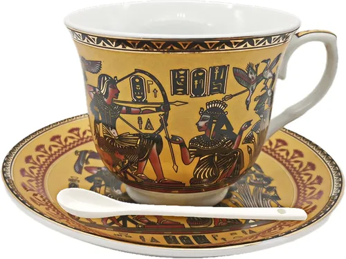 Miniatura 11 de Juego de tazas y platillos de café expreso de cerámica dorada egipcia, taza Demitasse de 3.4 oz/3.4 fl oz, regalo de porcelana para cumpleaños