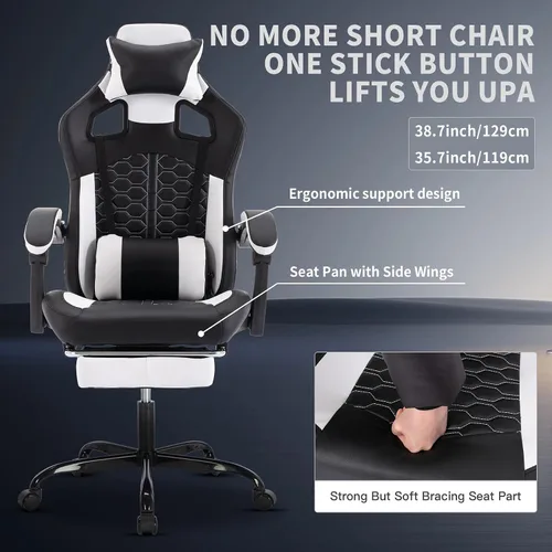 Miniatura 3 de Silla ergonómica para juegos estilo carreras, silla de jugador de respaldo alto con reposapiés, lumbar ajustable, masaje, reposabrazos de enlace