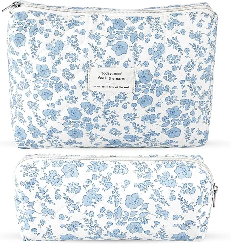 2 bolsas de maquillaje acolchadas de algodón para viaje, bolsa grande y pequeña para mujeres, bolsas de maquillaje de coqueta floral, bonita bolsa