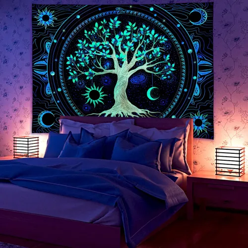Miniatura 3 de Tapiz para dormitorio, estético, árbol de la vida, con luz negra, reactivo a los rayos UV, tapiz psicodélico, colorido tapiz de pared, sol, luna