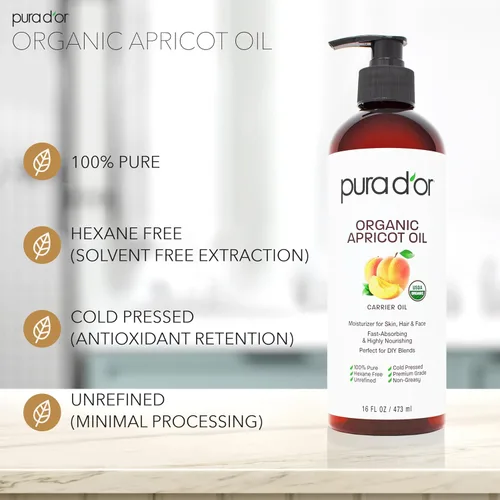 Miniatura 2 de PURA D'OR Aceite orgánico de almendra de albaricoque de 16 onzas, 100% puro y natural, certificado por la USDA, aceite portador prensado en frío